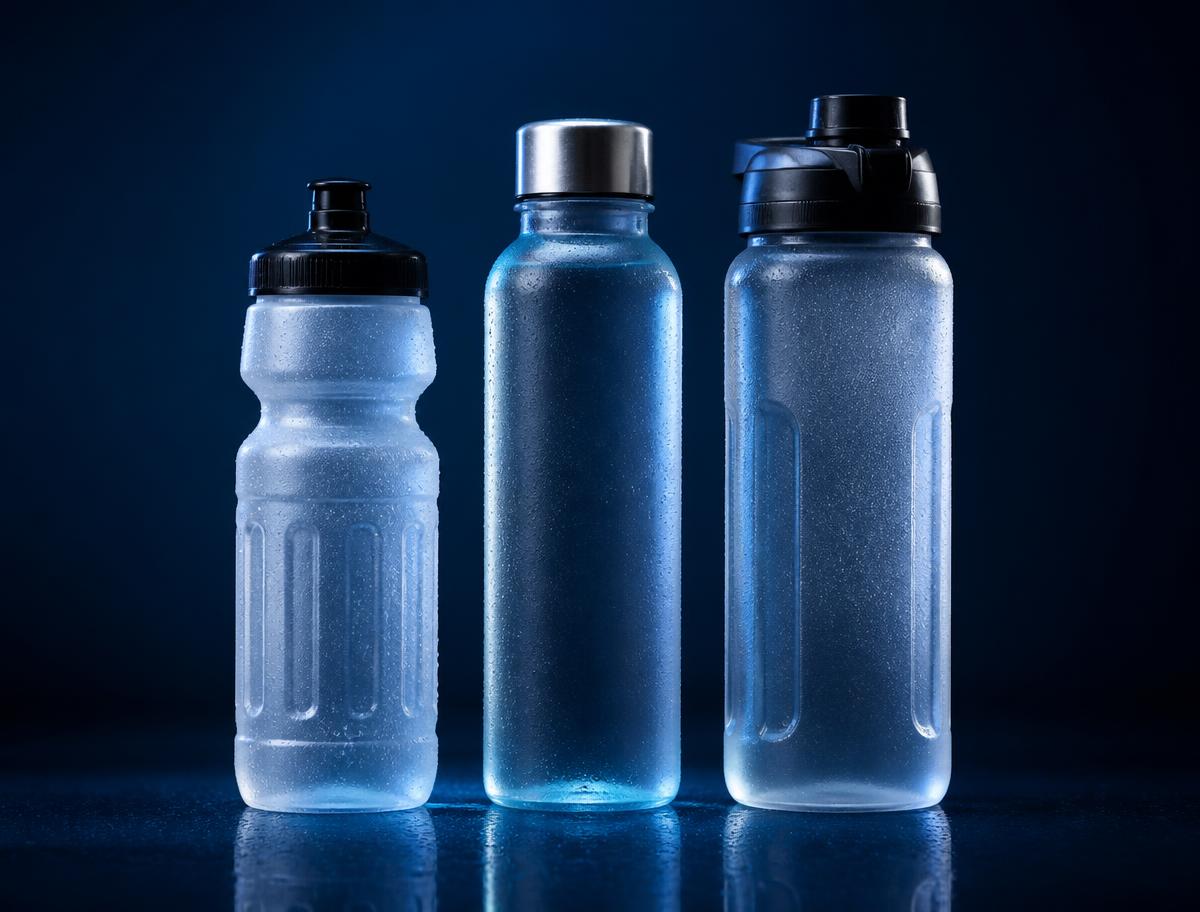 Unbranded hydration bottles photographed on a deep navy studio background