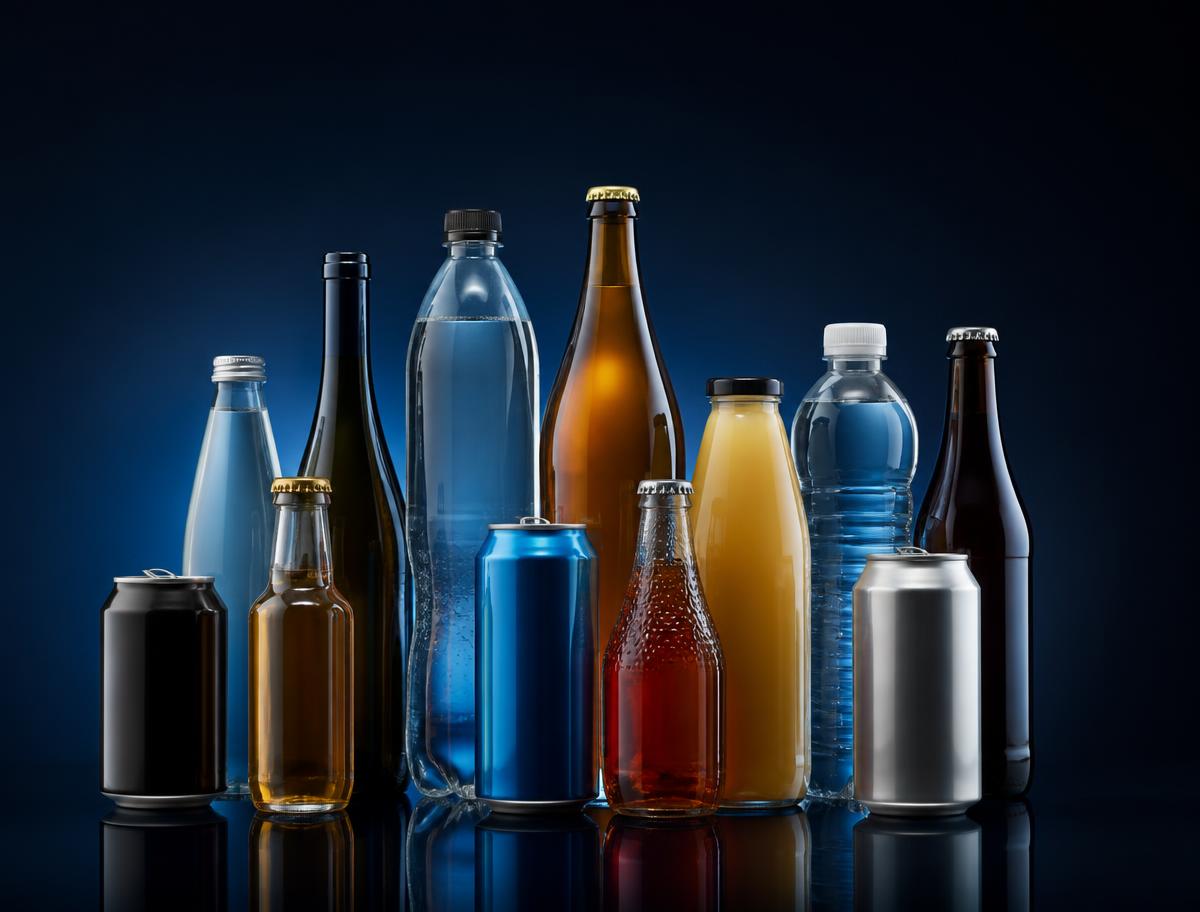 Assorted unbranded imported beverage bottles on a deep navy studio background