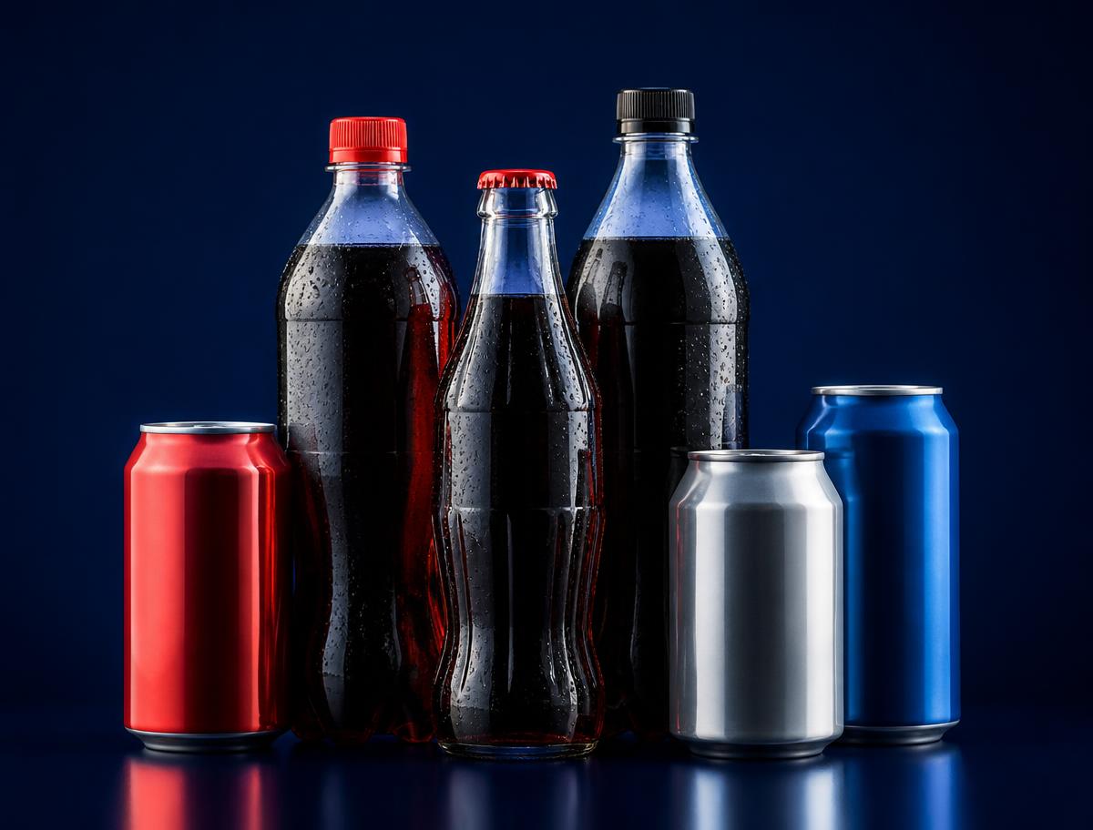 Unbranded soda bottles and cans photographed on a deep navy studio background